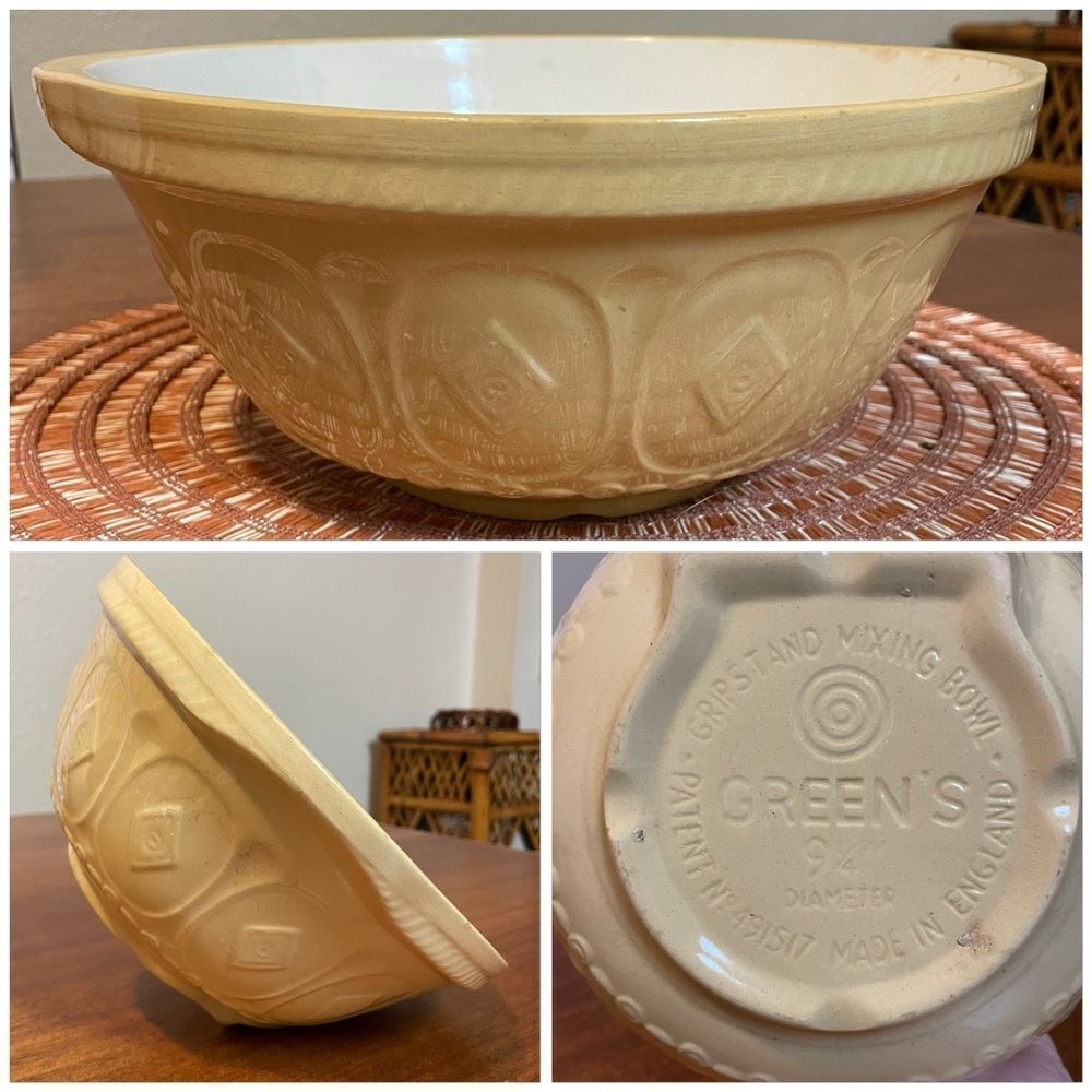 Vintage T G Green’s 9 1/4 Diameter Grip-stand Stoneware Mixing Bowl Yellow White